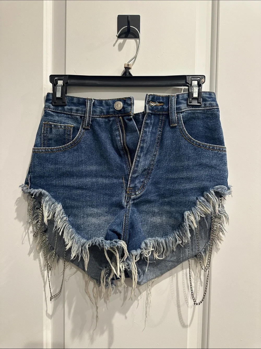 SHEIN Blue Distressed Denim Fringe Shorts with Chain Trim